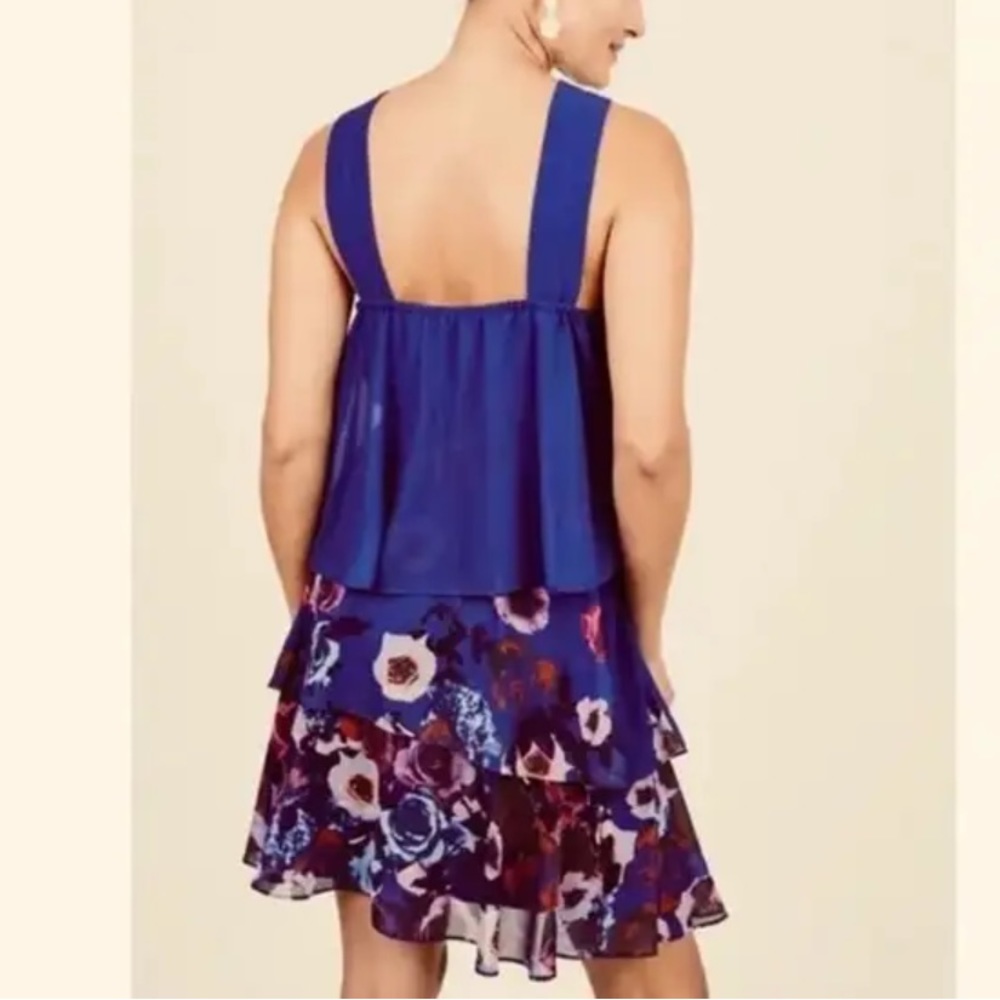 Badgley Mischka Popover Ruffle Mini Dress Blue Floral Size 2 Sleeveless Sundress - Picture 7 of 14